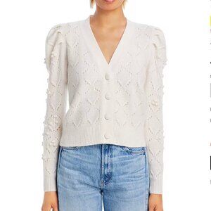 AQUA Cashmere Novelty V-Neck Cardigan-popcorn-knit-pointelle-ivory-NWT